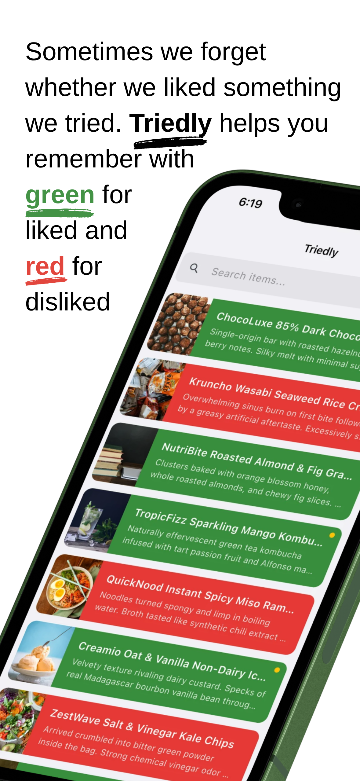Triedly overview showing saved items marked green for liked and red for disliked