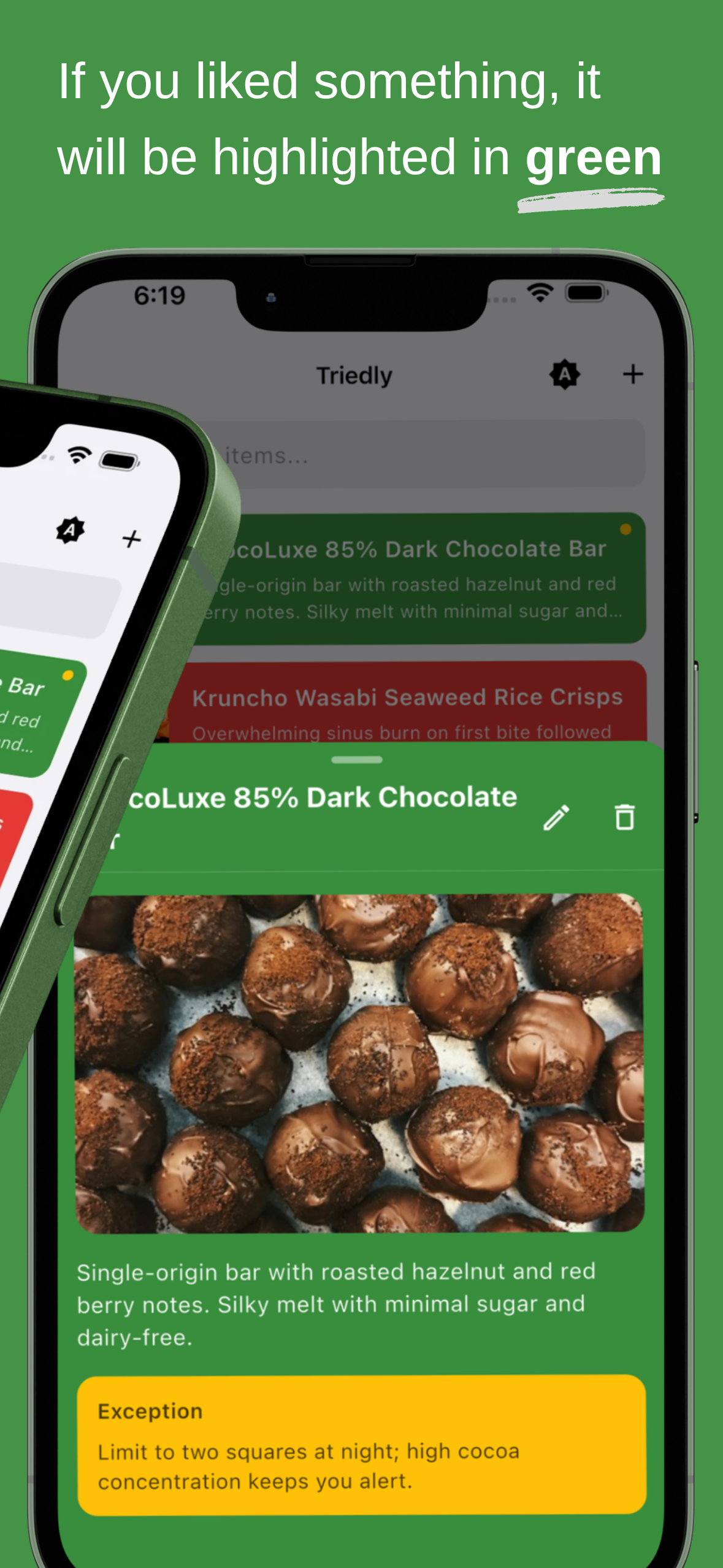 Triedly detail view for an item the user liked, highlighted in green