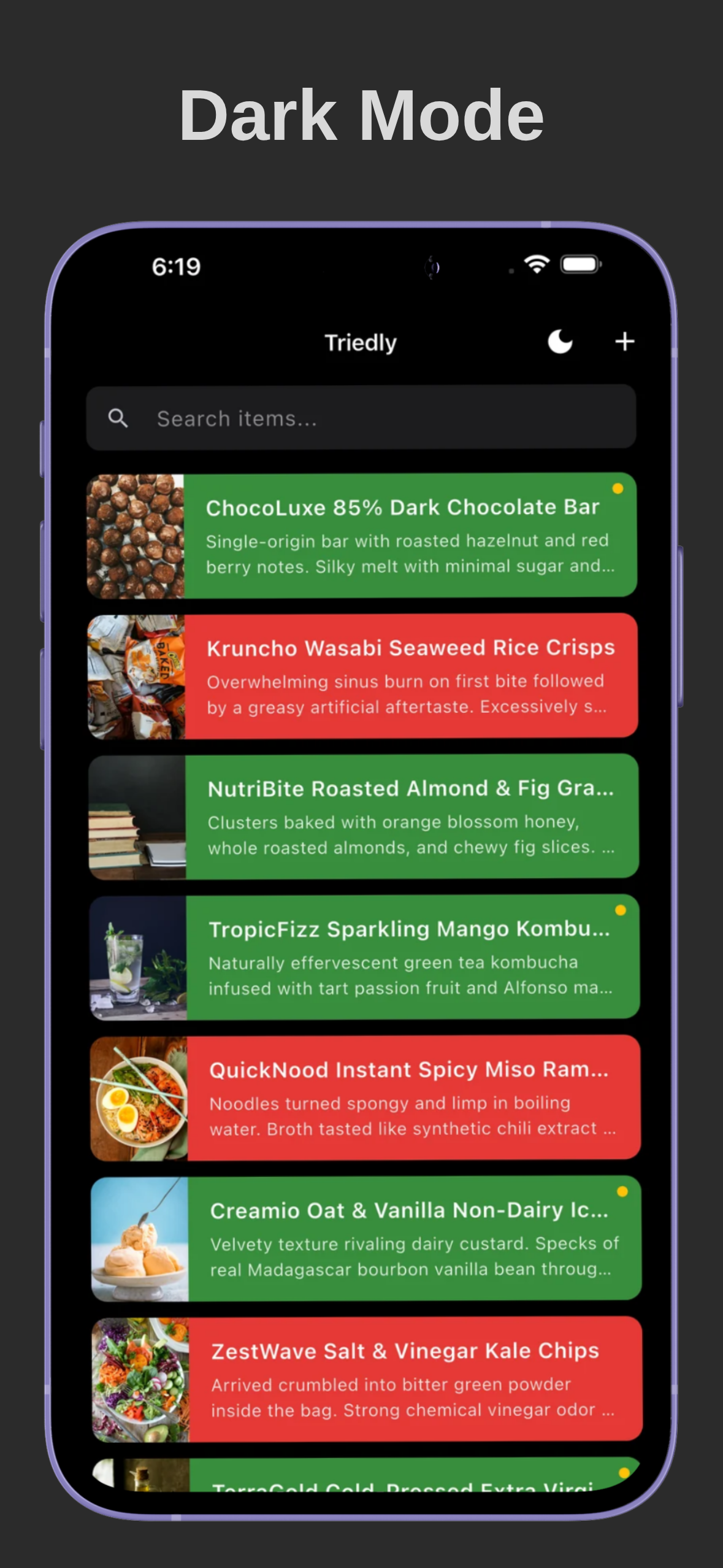 Triedly app displaying saved items in dark mode